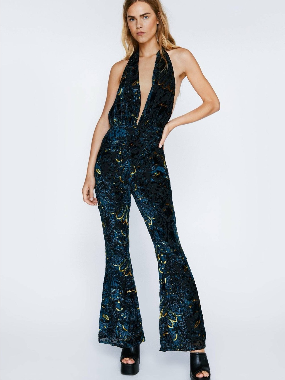 Nasty Gal Floral Devore Halterneck Flared Jumpsuit